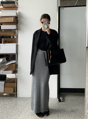 楠涛老钱风坑条羊毛针织半身裙女2026春季新款高腰修身显瘦长裙