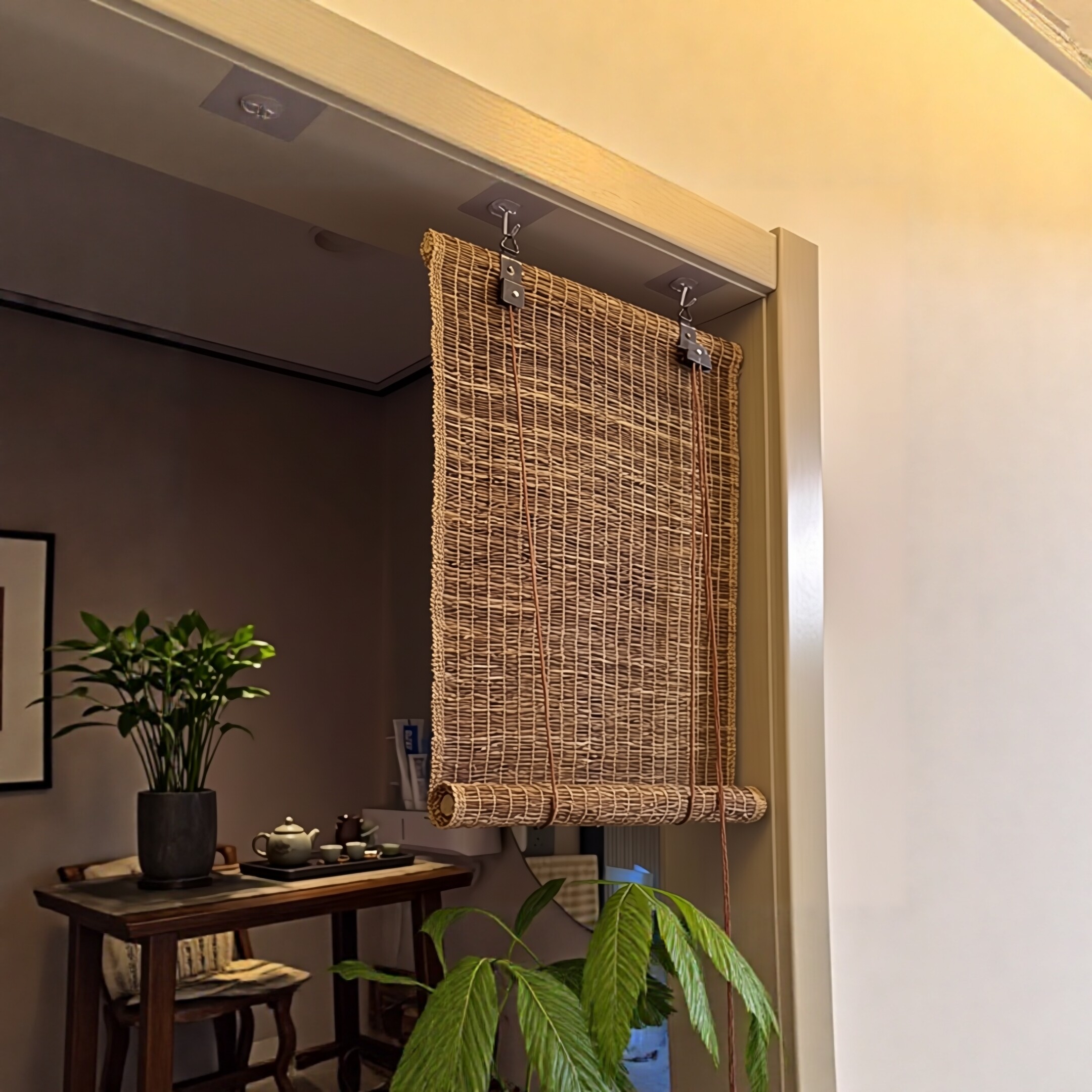 免打孔可升降手工苎麻亚麻夏布茶室挂帘风水遮挡门窗隔断卷帘屏风