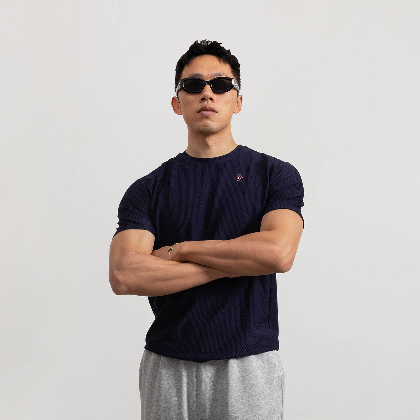 JEMVSUNP 网眼弹力紧身运动T恤短袖正肩休闲通勤健身衣服显大男款