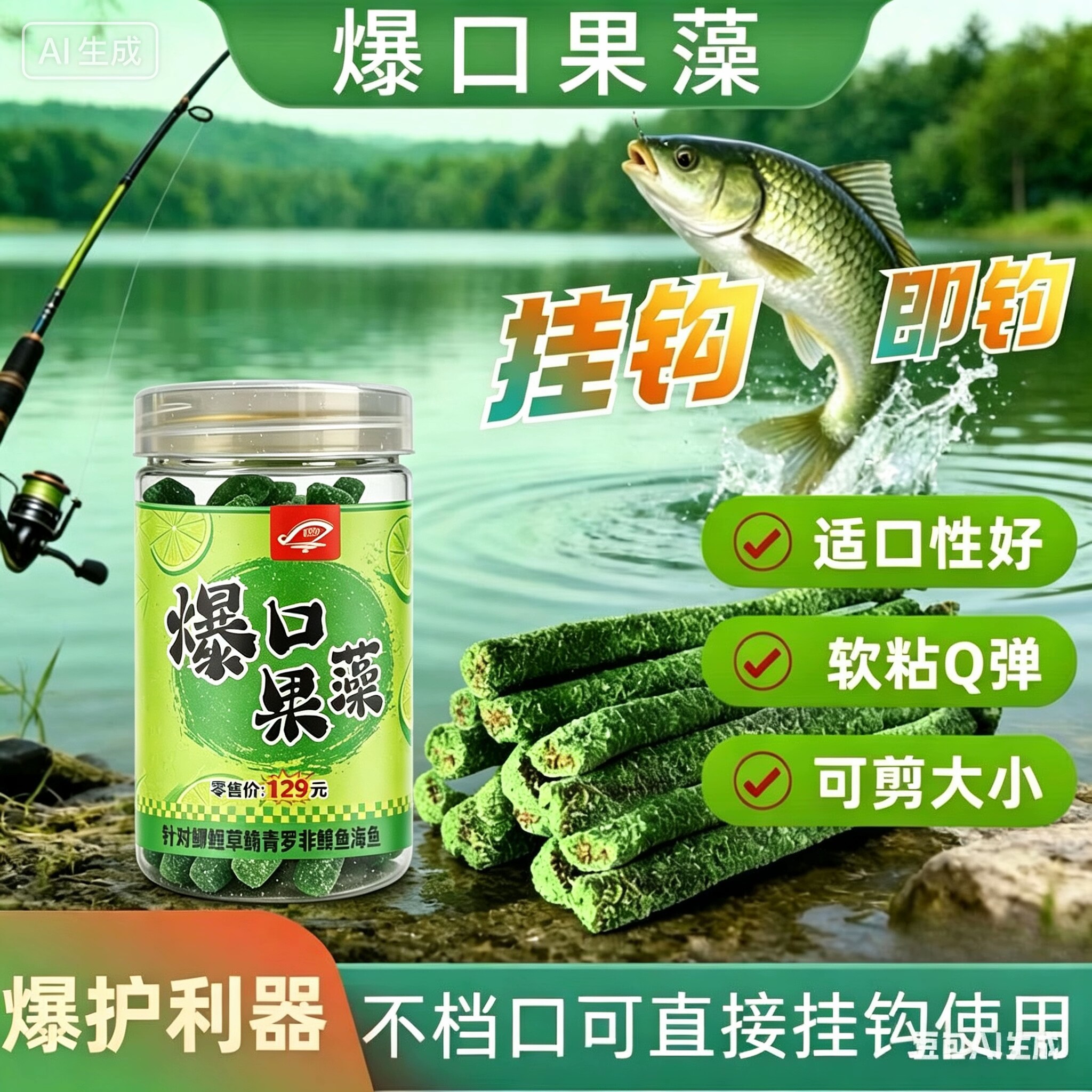 升级爆口果藻绿色长条软饵挂钩即钓颗粒饵鲫鲤草鳊鱼饵料黑坑野钓