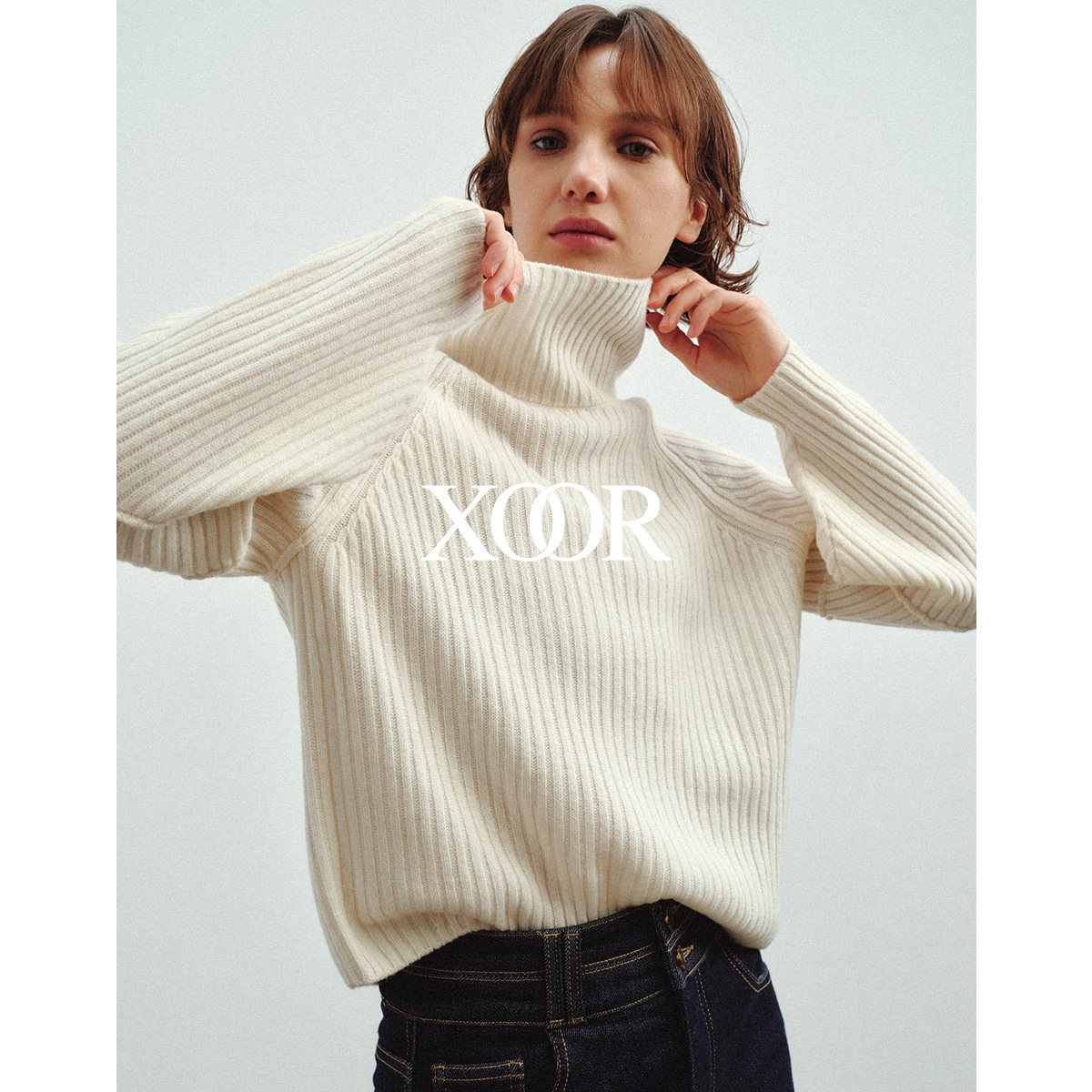 XOOR全羊毛高领毛衣2025冬女竖条纹慵懒廓形针织衫宽松百搭罗纹