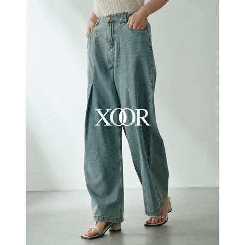 XOOR立体褶高腰阔腿显瘦牛仔裤女