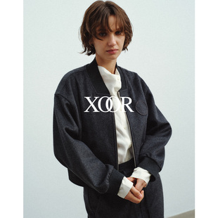 XOOR轻薄呢料夹克2025冬女罗纹领收腰刺绣短款外套时尚百搭设计感