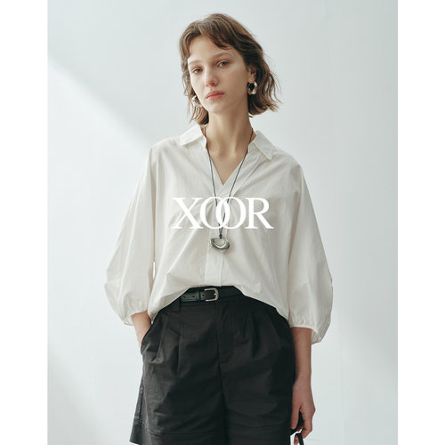 XOOR七分泡泡袖V领衬衫后背叠衩