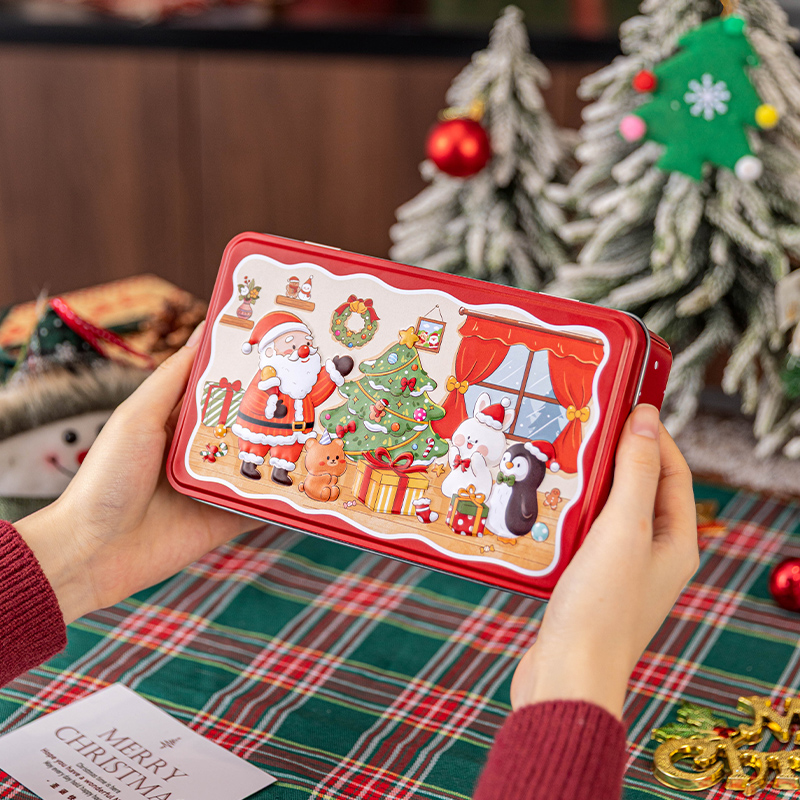 糖果包装盒圣诞新款饼干铁罐马口铁卡通方形礼物盒雪花酥烘焙铁罐