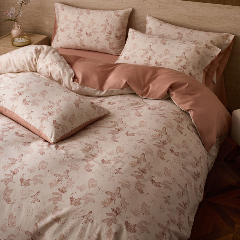 蝴蝶粉色全棉麻四件套 少女感纯棉麻被套 简约美式风成人双人床单