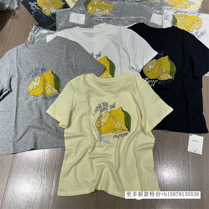 欧洲站减龄2026春季新款女装柠檬印花短袖T恤圆领百搭显瘦上衣女