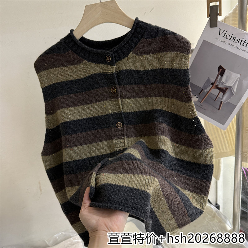 欧洲站2026早秋新款无袖显瘦圆领时尚百搭条纹开衫绵羊毛针织马甲