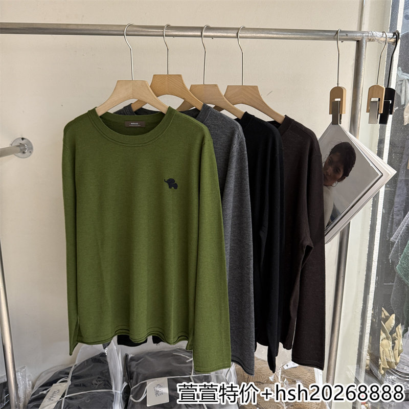 欧洲站2026早秋新款休闲百搭圆领宽松纯色小象刺绣柔软绵羊毛上衣