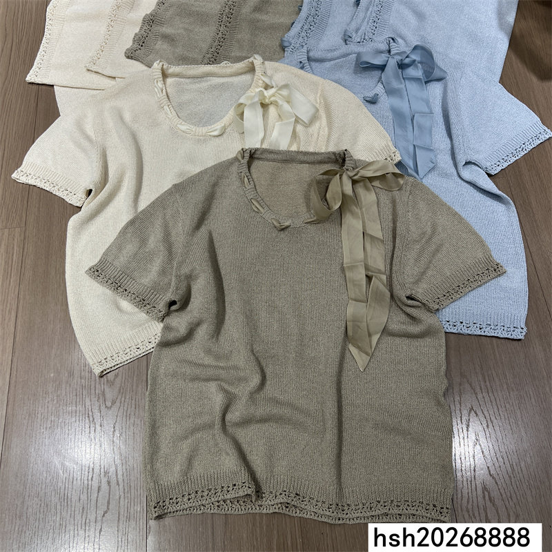 欧洲站2026夏季新款女装蝴蝶结丝巾纯色简约圆领短袖镂空减龄上衣