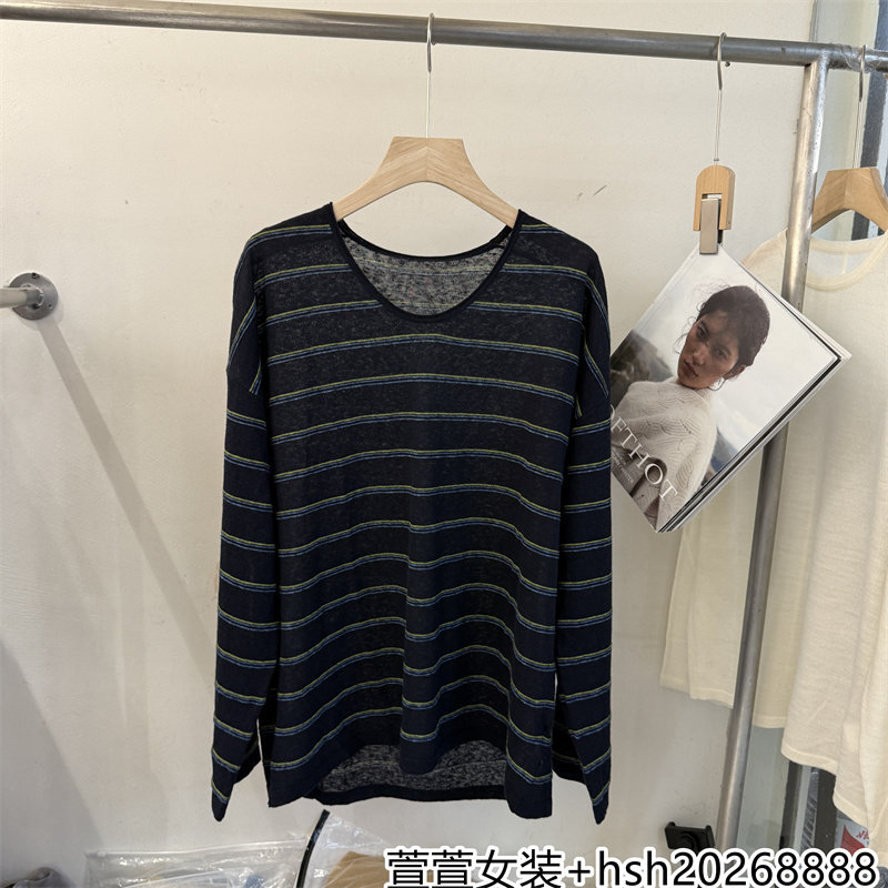 欧洲站2026早秋新款休闲百搭拼色条纹圆领宽松长袖柔软简约打底衫