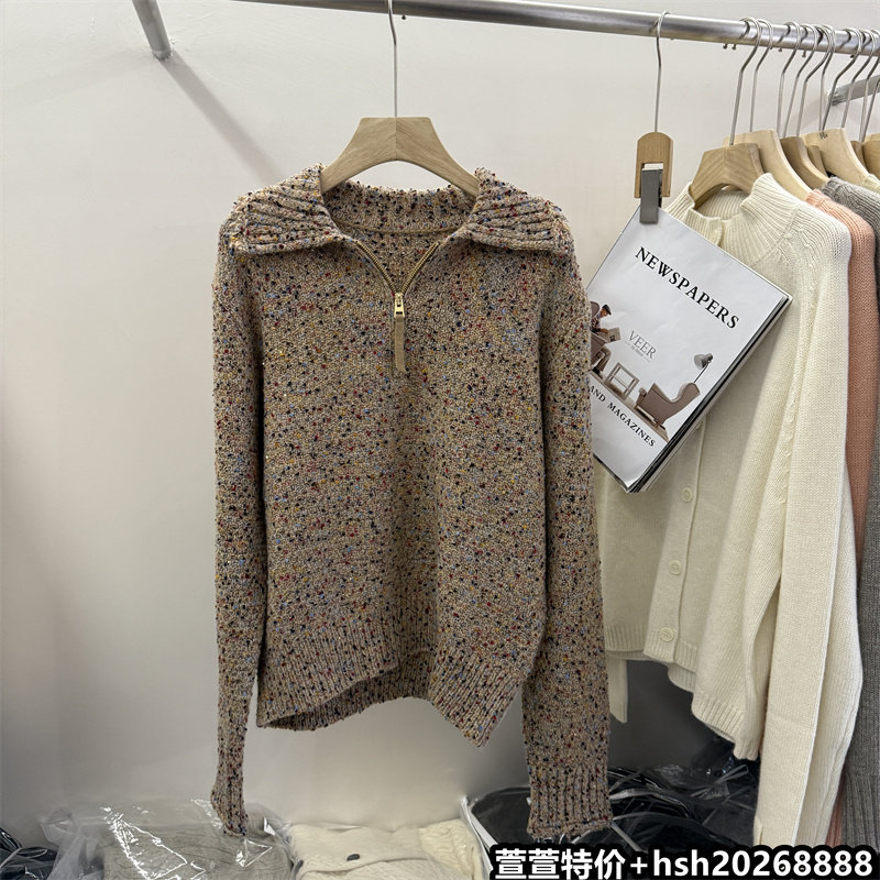 欧洲站2026冬季新款休闲百搭大翻领宽松杂花半拉链绵羊毛套头毛衣