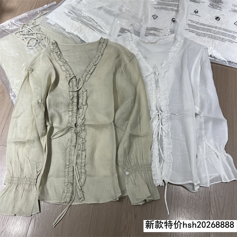 欧洲站2026春季新款设计感V领长袖木耳边衬衫抽绳喇叭袖纯色上衣
