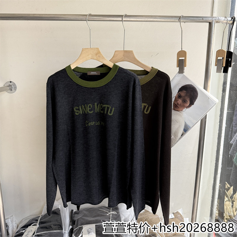 欧洲站2026早秋新款时尚百搭圆领拼色宽松图案印花绵羊毛套头T恤