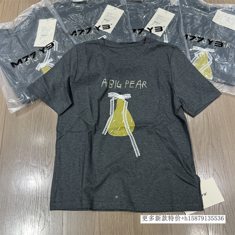 欧洲站2026春季新款韩版梨子字母钉珠蕾丝蝴蝶结圆领短袖T恤上衣