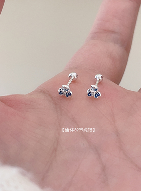 S999纯银小小蓝色鸢尾花螺丝耳钉女小清新简约小众精致养耳耳饰