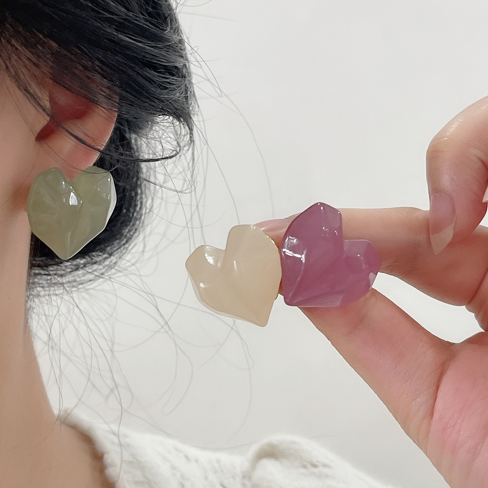 夏日新款彩色树脂爱心耳环女925银针几何设计感简约气质耳饰耳钉