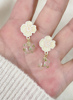 绿色玻璃球吊坠花朵耳钉生物瓷针防敏小众设计耳饰小清新森系耳环