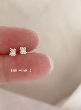 小巧招财猫耳钉s999纯银简约