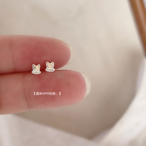 小巧招财猫耳钉s999纯银简约