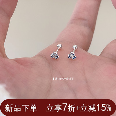 S999纯银小小蓝色鸢尾花螺丝耳钉女小清新简约小众精致养耳耳饰
