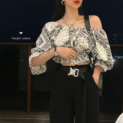 Real price cashew flower one neck elastic Lantern Sleeve Shirt Short