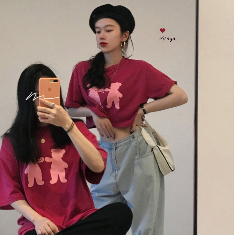 Real shot real price two bears print simple short T-shirt for lovers
