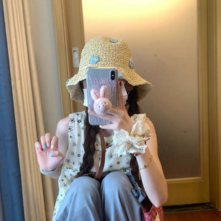 海边度假草帽女夏季 花朵草编渔夫帽大檐镂空透气遮阳防晒水桶帽子