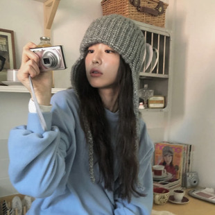 ins柳智敏同款针织帽子女秋冬季保暖护耳飞行帽户外滑雪雷锋帽灰