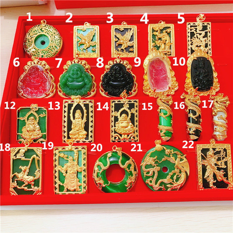 越南沙金项链吊坠男士女新款欧币镀金黄金镶玉龙凤貔貅关公观音佛