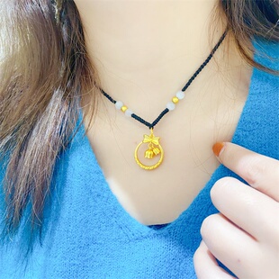 原创编绳铃兰花项链锁骨链女铜合金材质仿真黄金色金店同款黑绳