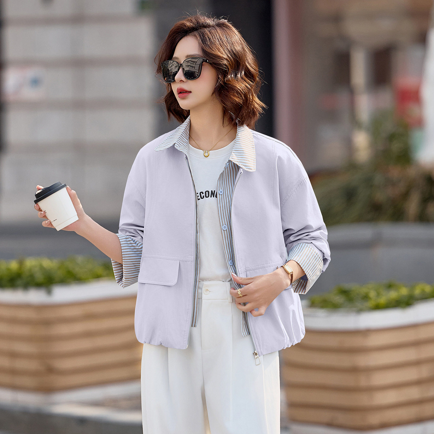 2026春季新款设计感休闲风夹克开衫休闲外套女假两件条纹拼接上衣