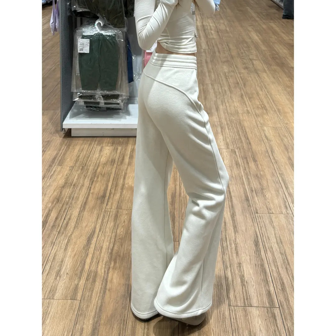 美式垂感加绒保暖慵懒白色遮跨显瘦高腰抽绳阔腿微喇运动裤女