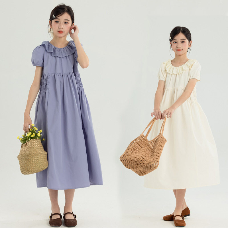 女童连衣裙2025夏款韩版中大童短袖裙子花边娃娃领公主裙亲子长裙