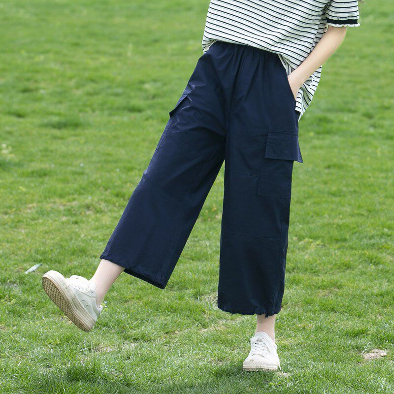 新23237初中学生裤子夏季高中女生夏装大童直筒工装裤七分阔腿裤