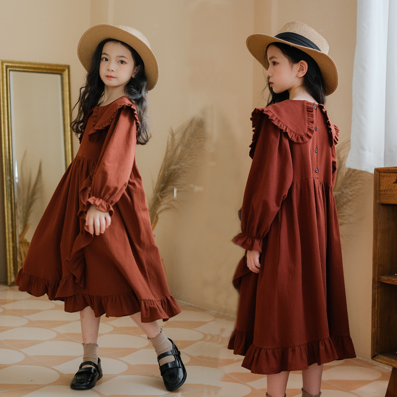 女童2025秋冬木耳边娃娃领棉连衣裙长袖公主裙不规则长裙8312#B类