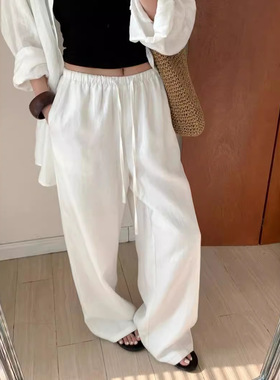 2026春季松弛感天丝亚麻阔腿裤夏季宽松百搭抽绳直筒白色休闲