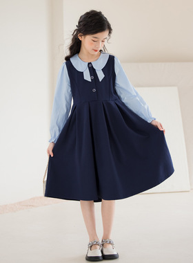 亲子装女童拼色连衣裙学院风公主裙2026秋季过膝裙子洋气大童女装