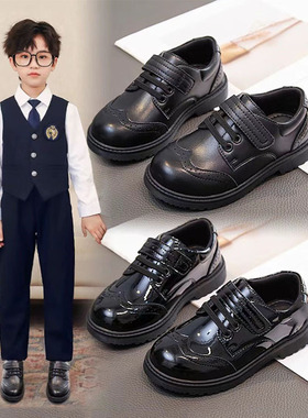 男童黑色软底小学生演出鞋2025秋季男孩英伦儿童皮鞋车缝线橡胶