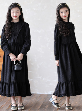女童2026秋冬黑色木耳边立领长袖连衣裙中大童宽松日系长裙7052#