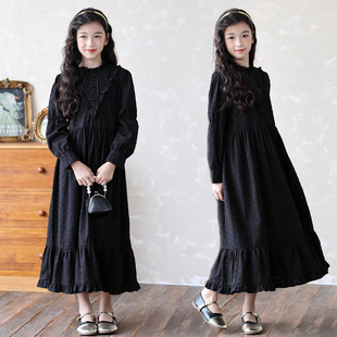 女童2026秋冬黑色木耳边立领长袖连衣裙中大童宽松日系长裙7052#