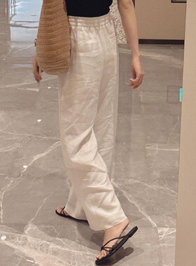 白色薄款天丝亚麻阔腿裤女2026夏季新款棉麻高腰垂感直筒休闲