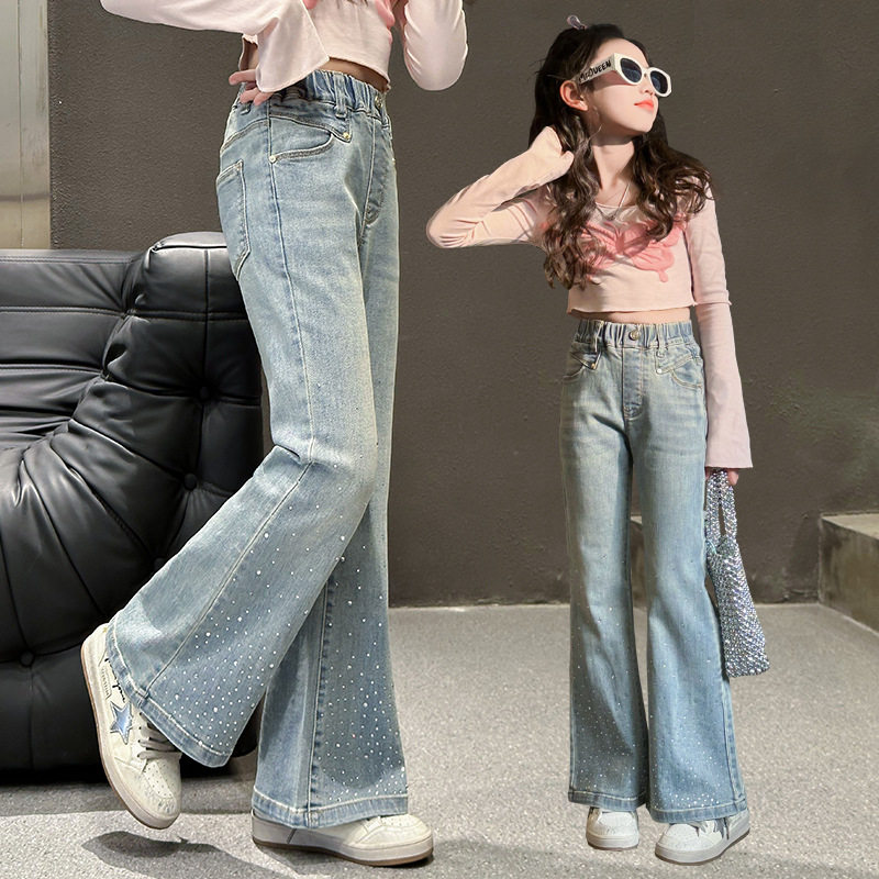 女童牛仔裤2026年秋季新款中大童烫钻弹力裤子春秋款喇叭裤