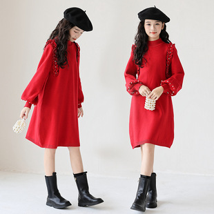 女童连衣裙2026秋冬新款韩版森系亲子装新年礼服钉珠针织毛衣