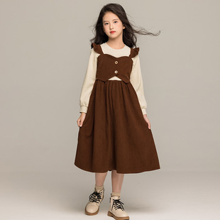 新款女童秋天连衣裙假两件吊带裙子2026女大童长袖连体裙洋气童装