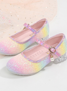 女童公主鞋软底表演春秋蝴蝶结时尚甜美可爱防滑彩虹儿童高跟鞋子