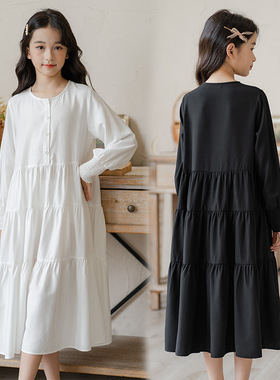 女童白色连衣裙秋中大童亲子装长袖宽松森系洋气中长款蛋糕裙纯色