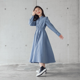 2026春季韩版衬衣领长裙中大童女童文艺童裙长袖舞蹈连衣裙B类