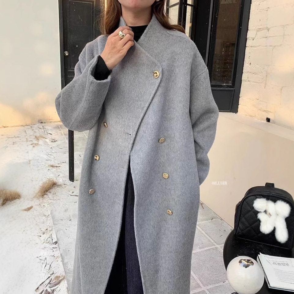 羊绒双面呢子大衣女秋冬加厚宽松长毛感超好看灰色羊毛呢外套