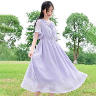 5091少女连衣裙雪纺长款 大童高中女生仙女裙圆领 过膝初中学生夏装